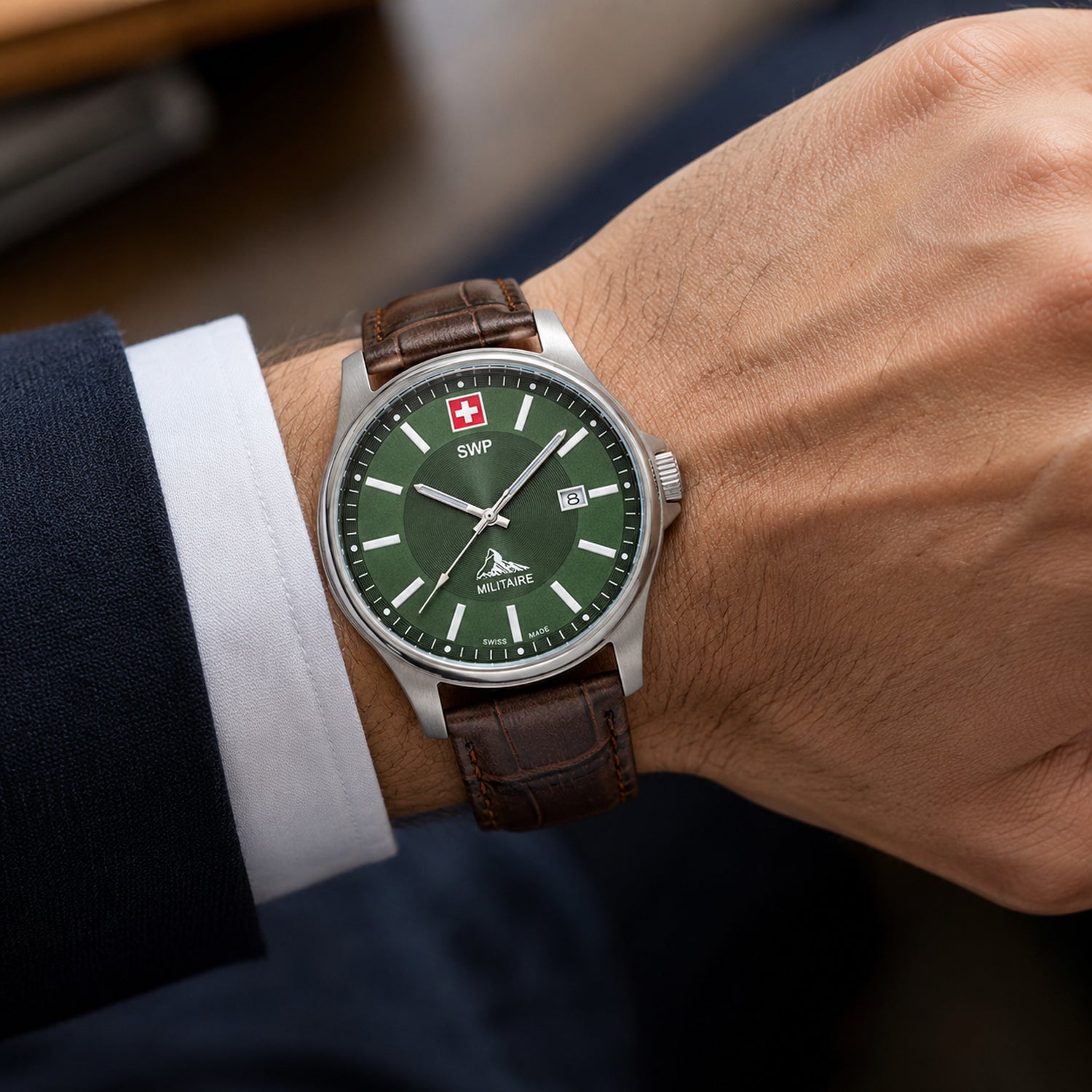 SWP Swiss Militaire Bernina Swiss Ronda 515 Watch with a Brown Dial and a Brown Leather Strap in a 42mm Silver Stainless Steel Case with 5 ATM H984ALV_8741624_1