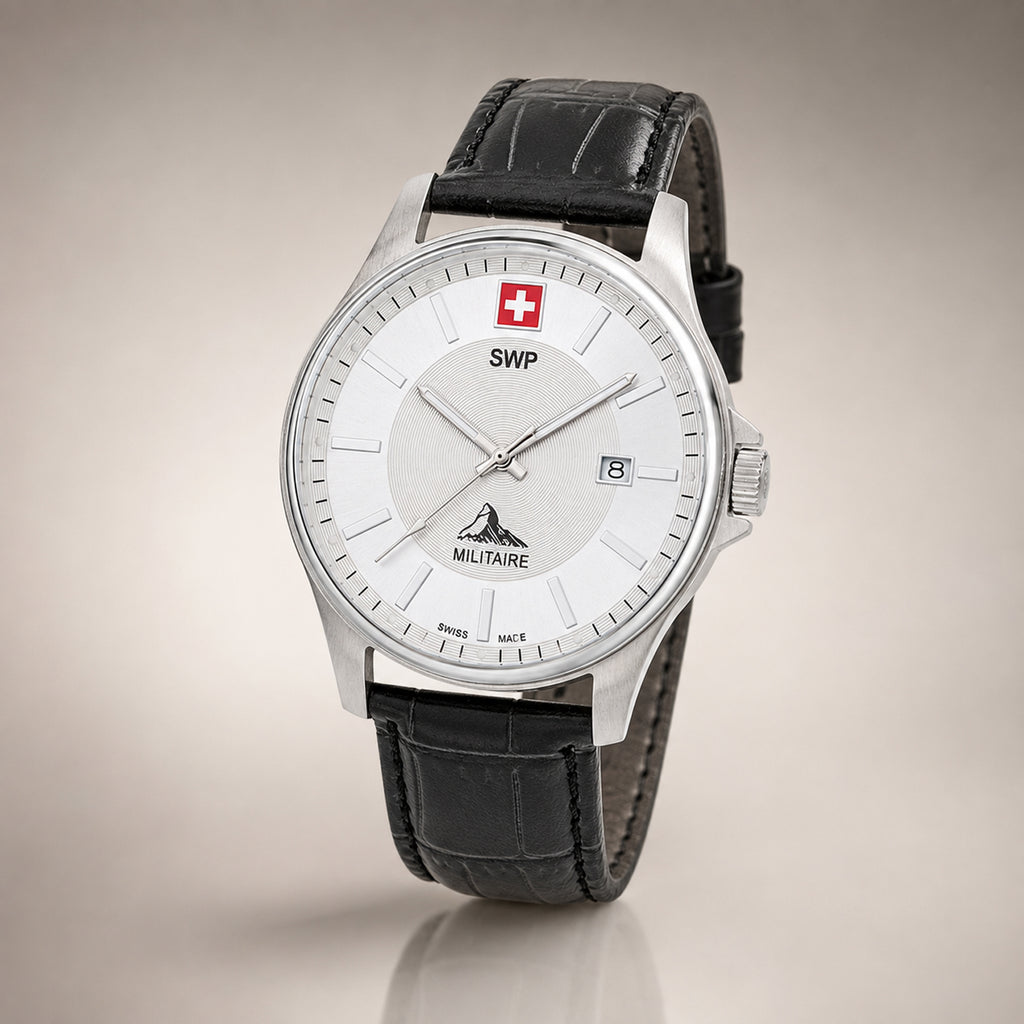 SWP Swiss Militaire Bernina Swiss Ronda 515 Watch with a White Dial and a Black Leather Strap in a 42mm Silver Stainless Steel Case with 5 ATM H984ALI_8741625