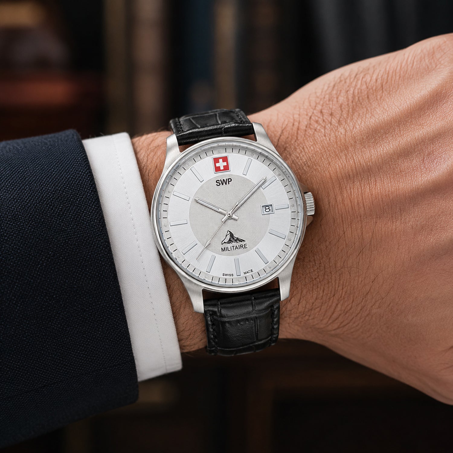 SWP Swiss Militaire Bernina Swiss Ronda 515 Watch with a White Dial and a Black Leather Strap in a 42mm Silver Stainless Steel Case with 5 ATM H984ALI_8741625_1