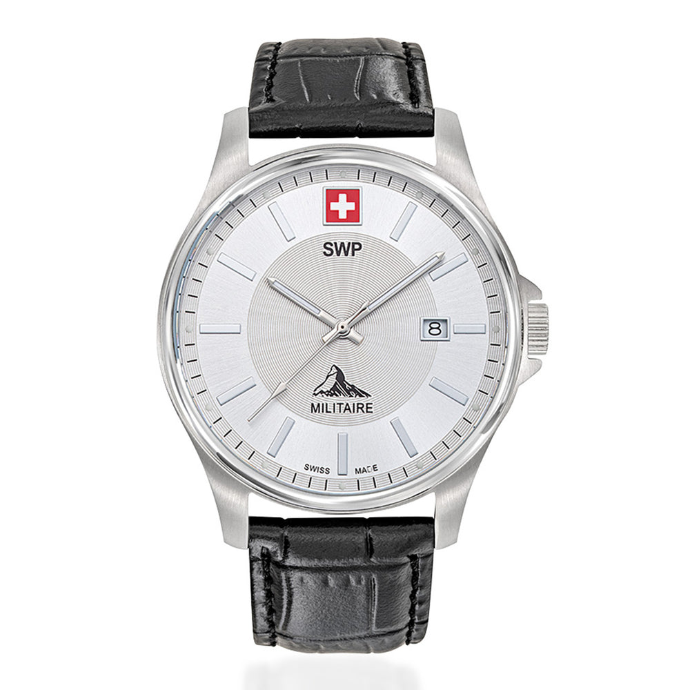 SWP Swiss Militaire Bernina Swiss Ronda 515 Watch with a White Dial and a Black Leather Strap in a 42mm Silver Stainless Steel Case with 5 ATM H984ALI_8741625_2
