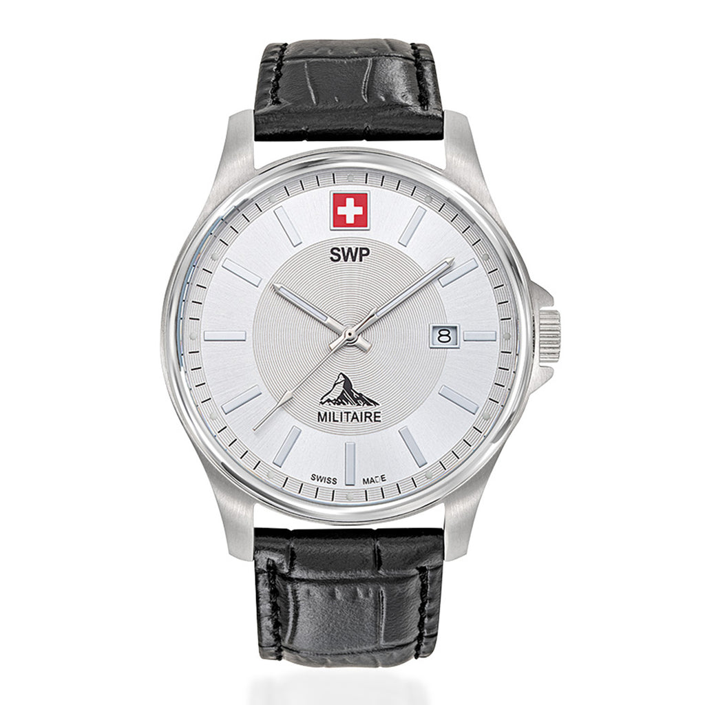 SWP Swiss Militaire Bernina Swiss Ronda 515 Watch with a White Dial and a Black Leather Strap in a 42mm Silver Stainless Steel Case with 5 ATM H984ALI_8741625_2