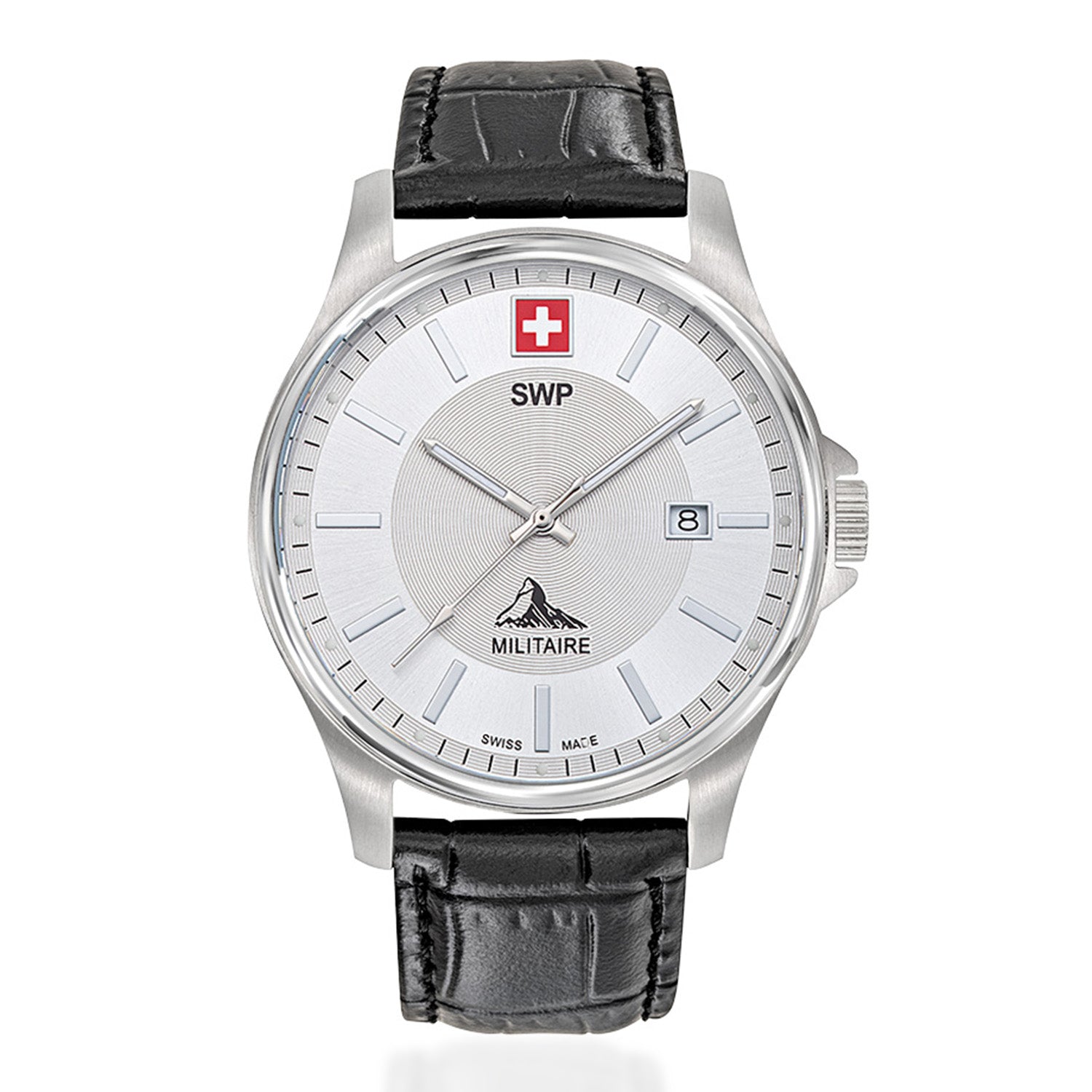 SWP Swiss Militaire Bernina Swiss Ronda 515 Watch with a White Dial and a Black Leather Strap in a 42mm Silver Stainless Steel Case with 5 ATM H984ALI_8741625_2