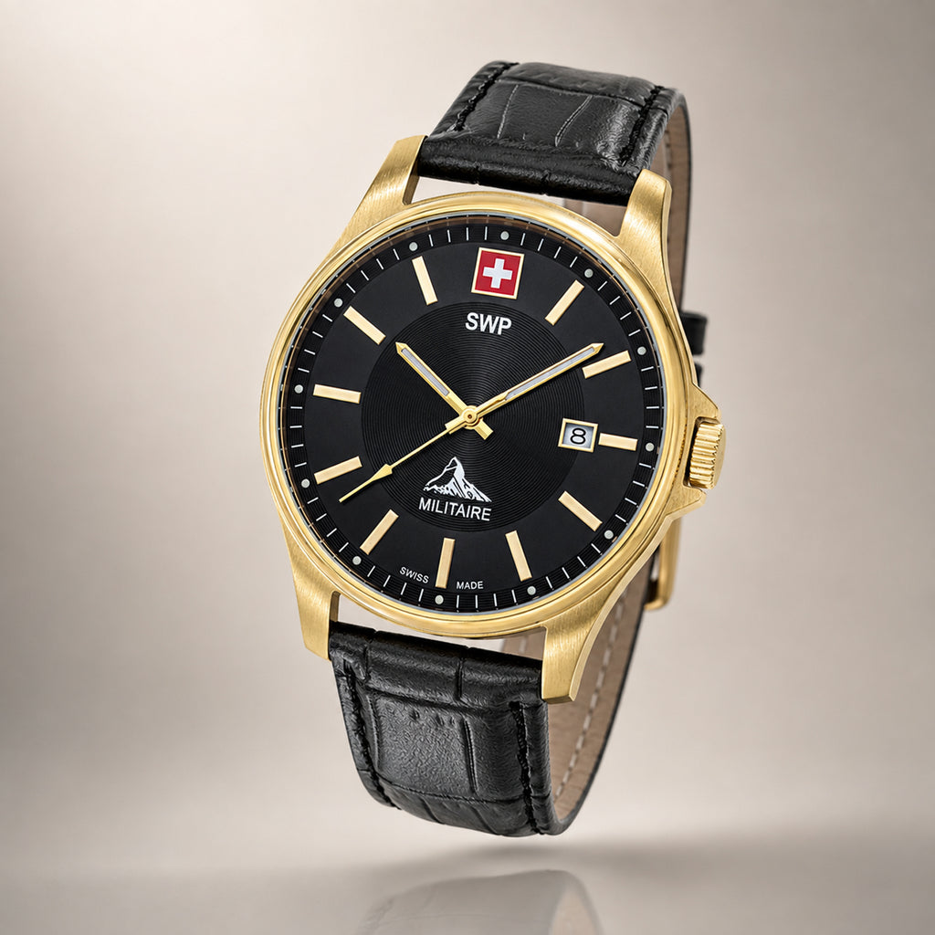 SWP Swiss Militaire Bernina Swiss Ronda 515 Watch with a White Dial and a Black Leather Strap in a 42mm Rose Stainless Steel Case with 5 ATM H9840LN_8741626