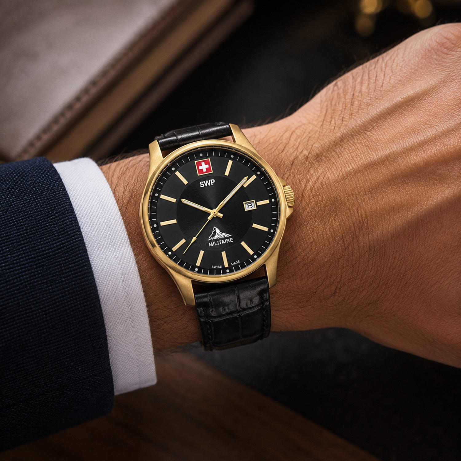 SWP Swiss Militaire Bernina Swiss Ronda 515 Watch with a White Dial and a Black Leather Strap in a 42mm Rose Stainless Steel Case with 5 ATM H9840LN_8741626_1