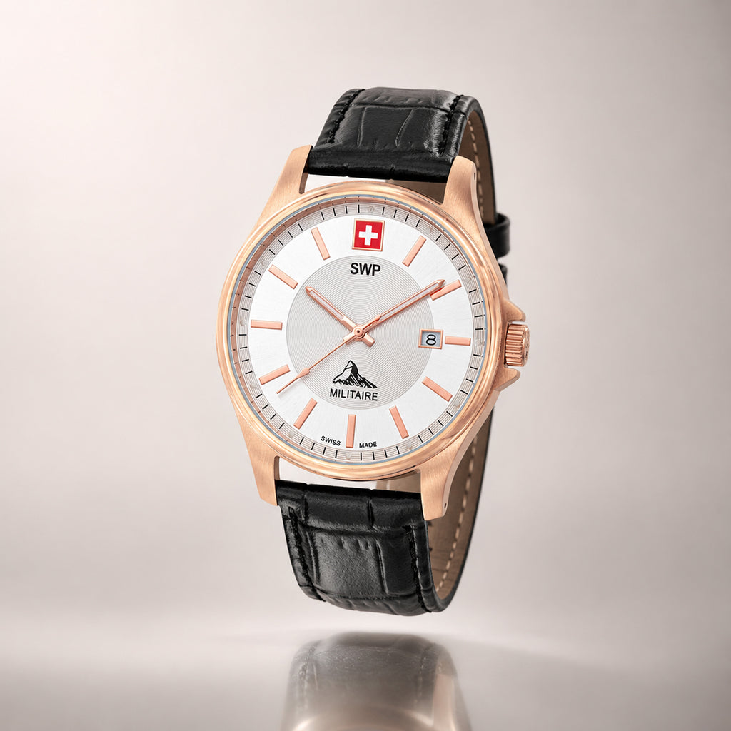 SWP Swiss Militaire Bernina Swiss Ronda 515 Watch with a White Dial and a Black Leather Strap in a 42mm Rose Stainless Steel Case with 5 ATM H984PLS_8741627