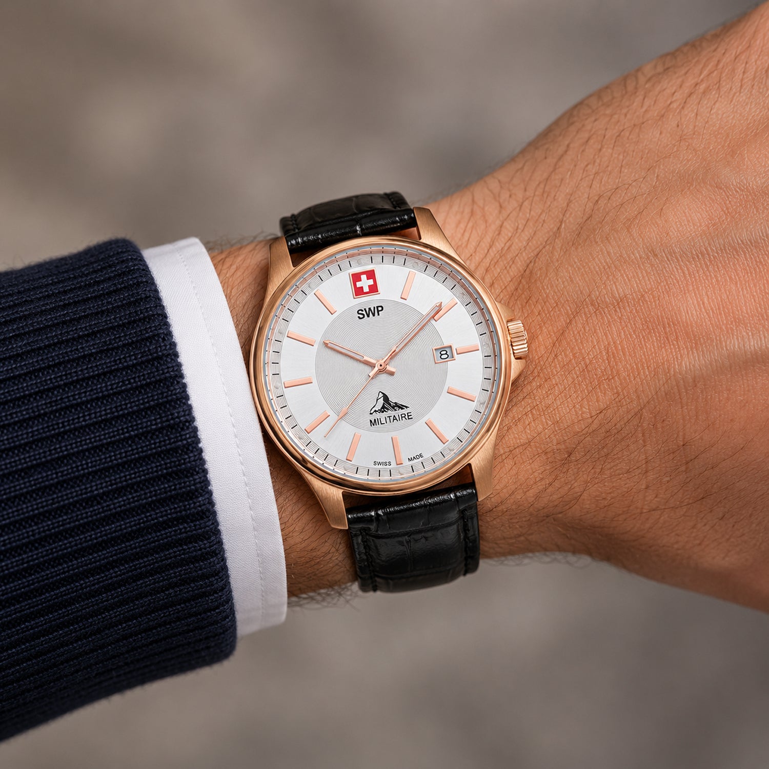 SWP Swiss Militaire Bernina Swiss Ronda 515 Watch with a White Dial and a Black Leather Strap in a 42mm Rose Stainless Steel Case with 5 ATM H984PLS_8741627_1