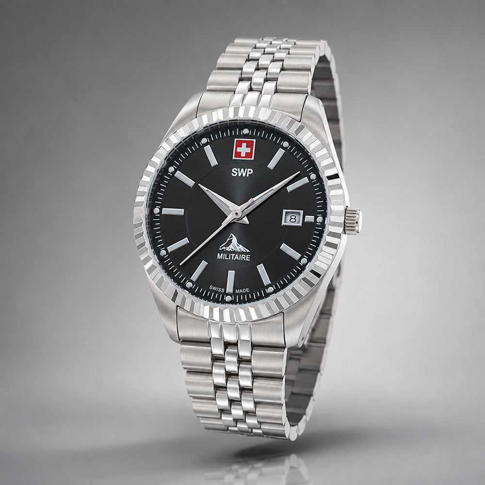 SWP Swiss Militaire Jungfrau Swiss Ronda 515 Watch with a Black Dial and a Silver Stainless Steel Strap in a 42mm Silver Stainless Steel Case with 5 ATM H982AN_8741652