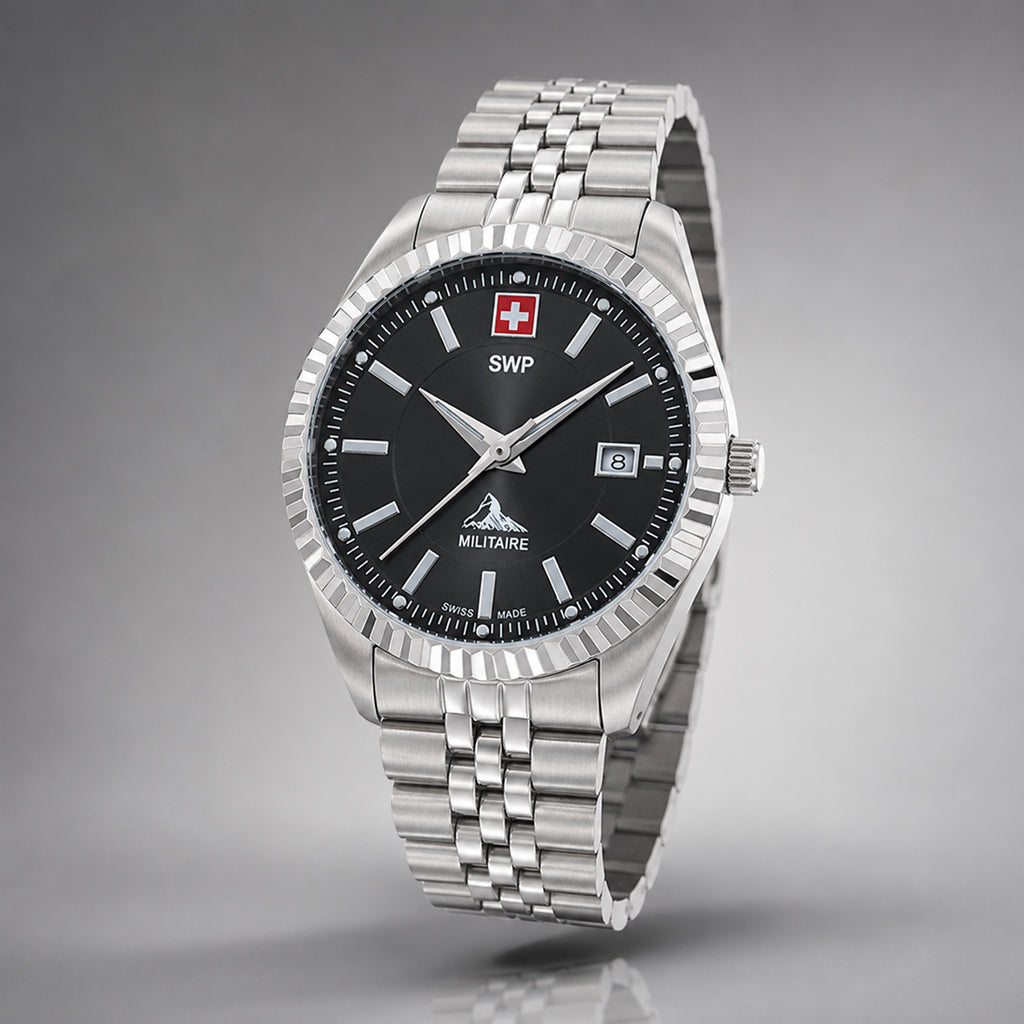 SWP Swiss Militaire Jungfrau Swiss Ronda 515 Watch with a Black Dial and a Silver Stainless Steel Strap in a 42mm Silver Stainless Steel Case with 5 ATM H982AN_8741652