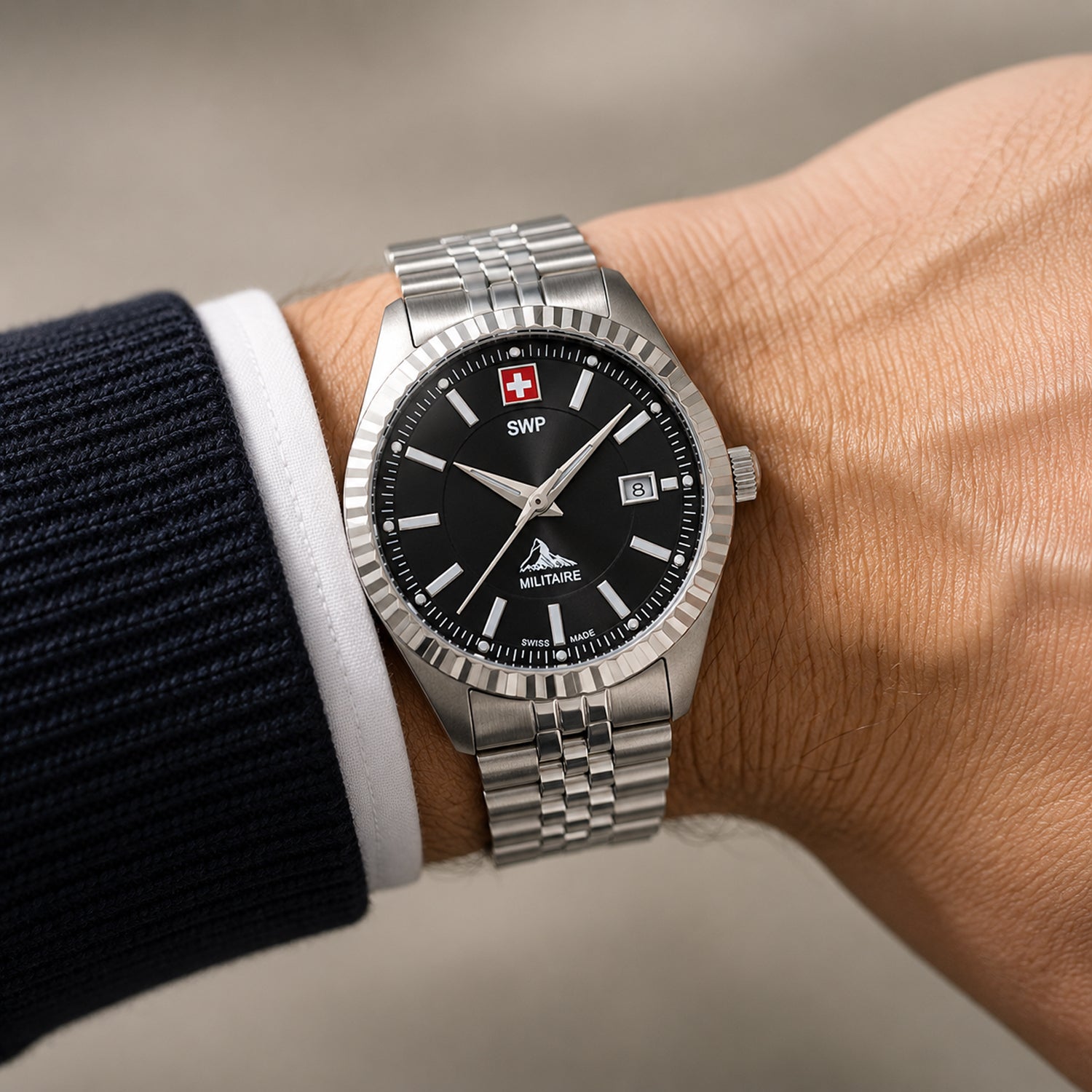 SWP Swiss Militaire Jungfrau Swiss Ronda 515 Watch with a Black Dial and a Silver Stainless Steel Strap in a 42mm Silver Stainless Steel Case with 5 ATM H982AN_8741652_1