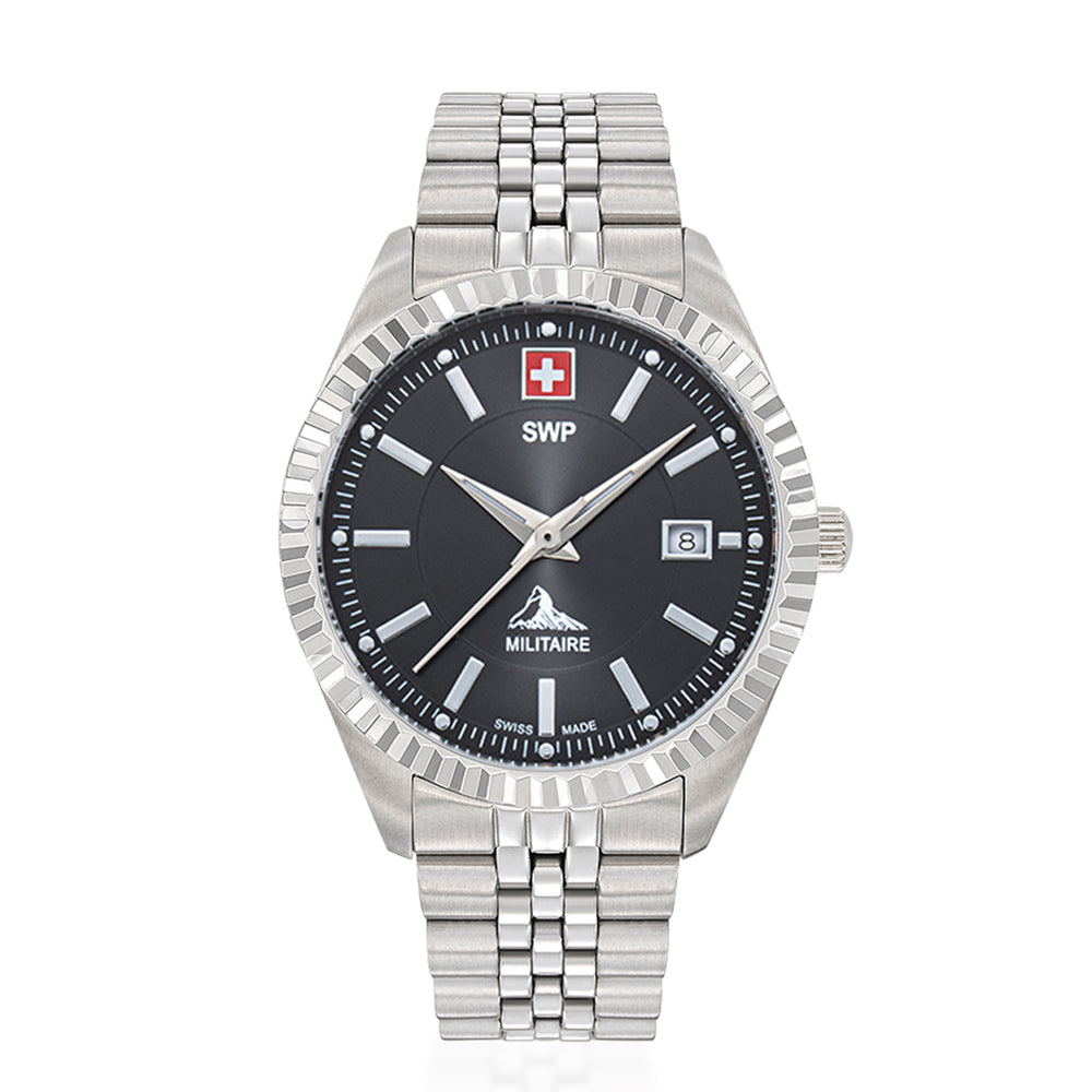 SWP Swiss Militaire Jungfrau Swiss Ronda 515 Watch with a Black Dial and a Silver Stainless Steel Strap in a 42mm Silver Stainless Steel Case with 5 ATM H982AN_8741652_2