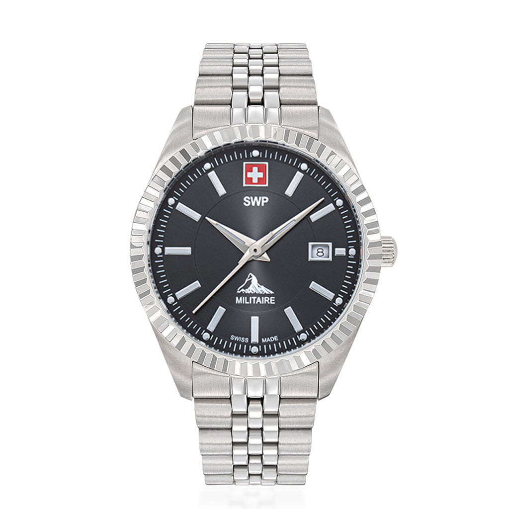 SWP Swiss Militaire Jungfrau Swiss Ronda 515 Watch with a Black Dial and a Silver Stainless Steel Strap in a 42mm Silver Stainless Steel Case with 5 ATM H982AN_8741652_2