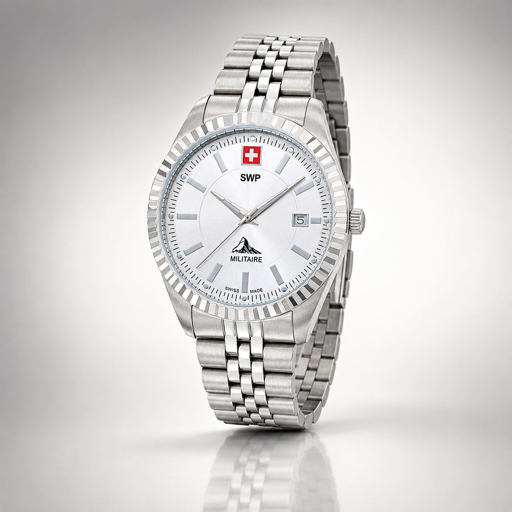 SWP Swiss Militaire Jungfrau Swiss Ronda 515 Watch with a White Dial and a Silver Stainless Steel Strap in a 42mm Silver Stainless Steel Case with 5 ATM H982AI_8741653