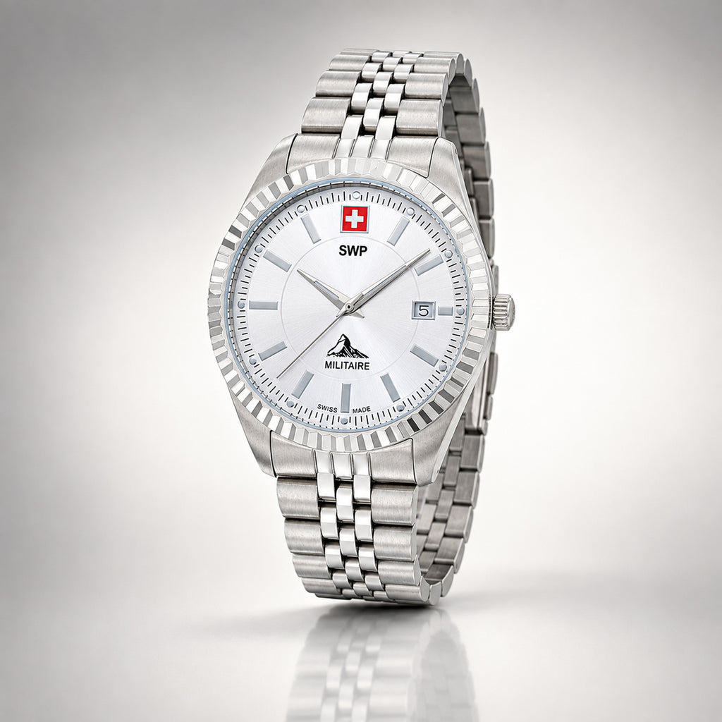 SWP Swiss Militaire Jungfrau Swiss Ronda 515 Watch with a White Dial and a Silver Stainless Steel Strap in a 42mm Silver Stainless Steel Case with 5 ATM H982AI_8741653