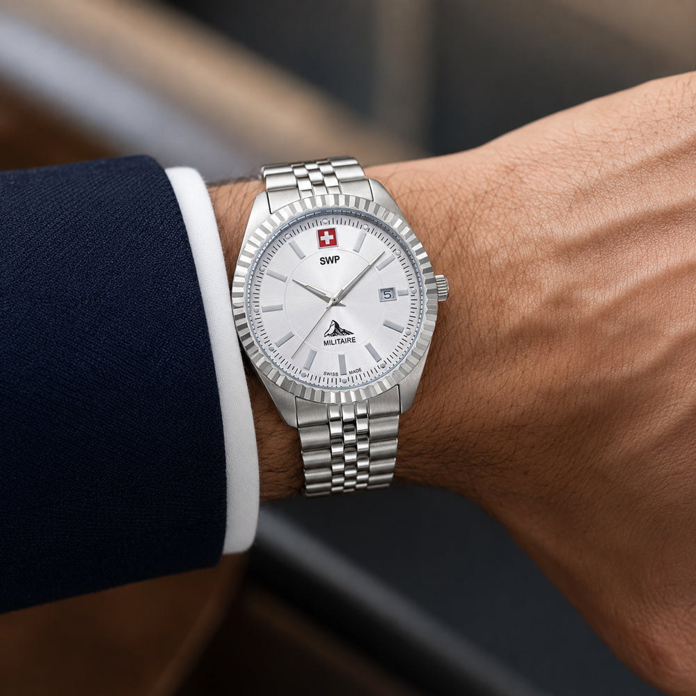 SWP Swiss Militaire Jungfrau Swiss Ronda 515 Watch with a White Dial and a Silver Stainless Steel Strap in a 42mm Silver Stainless Steel Case with 5 ATM H982AI_8741653_1