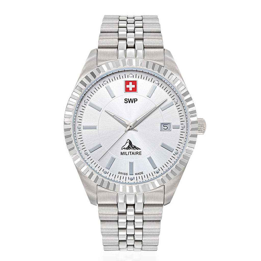 SWP Swiss Militaire Jungfrau Swiss Ronda 515 Watch with a White Dial and a Silver Stainless Steel Strap in a 42mm Silver Stainless Steel Case with 5 ATM H982AI_8741653_2
