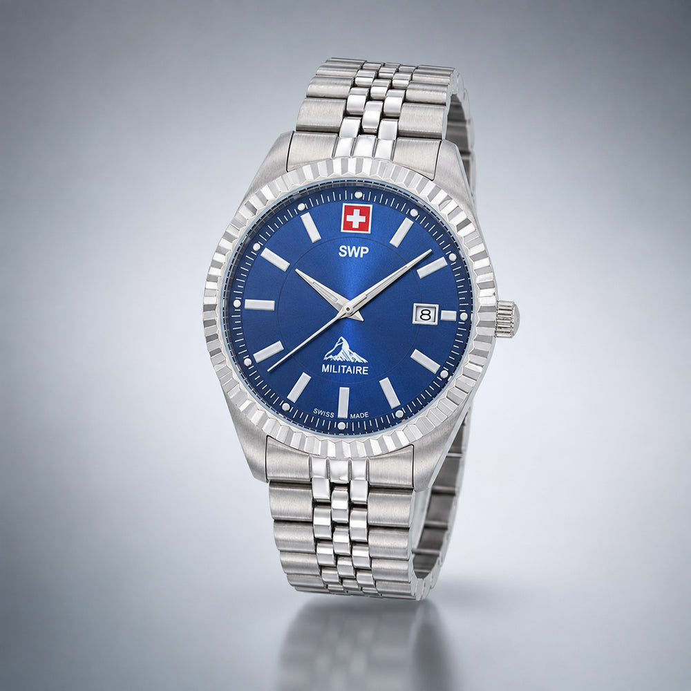 SWP Swiss Militaire Jungfrau Swiss Ronda 515 Watch with a Blue Dial and a Silver Stainless Steel Strap in a 42mm Silver Stainless Steel Case with 5 ATM H982ABU_8741654