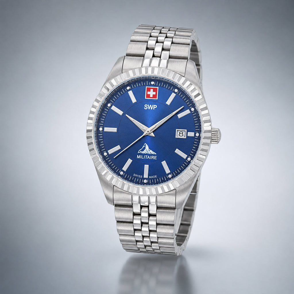 SWP Swiss Militaire Jungfrau Swiss Ronda 515 Watch with a Blue Dial and a Silver Stainless Steel Strap in a 42mm Silver Stainless Steel Case with 5 ATM H982ABU_8741654