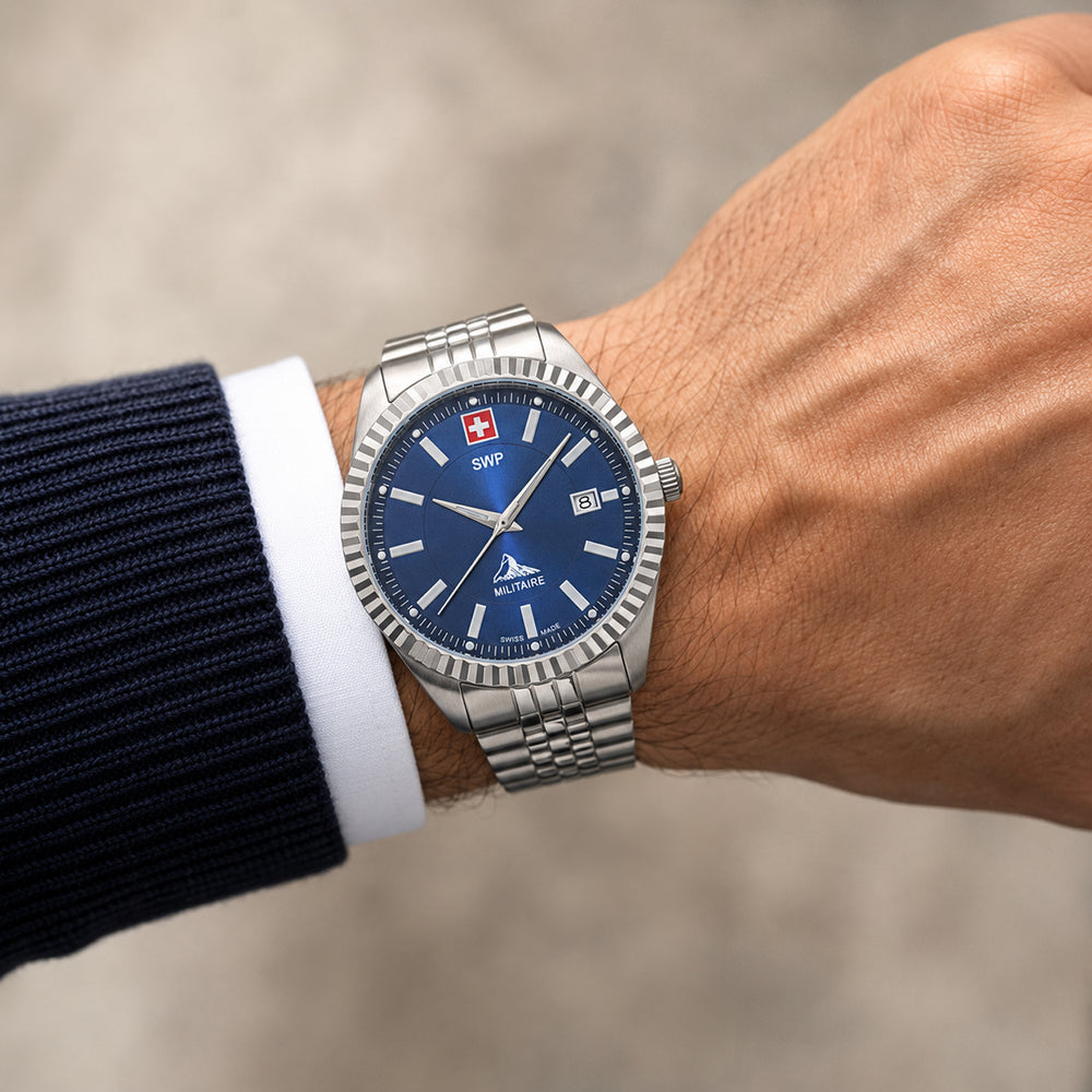 SWP Swiss Militaire Jungfrau Swiss Ronda 515 Watch with a Blue Dial and a Silver Stainless Steel Strap in a 42mm Silver Stainless Steel Case with 5 ATM H982ABU_8741654_1