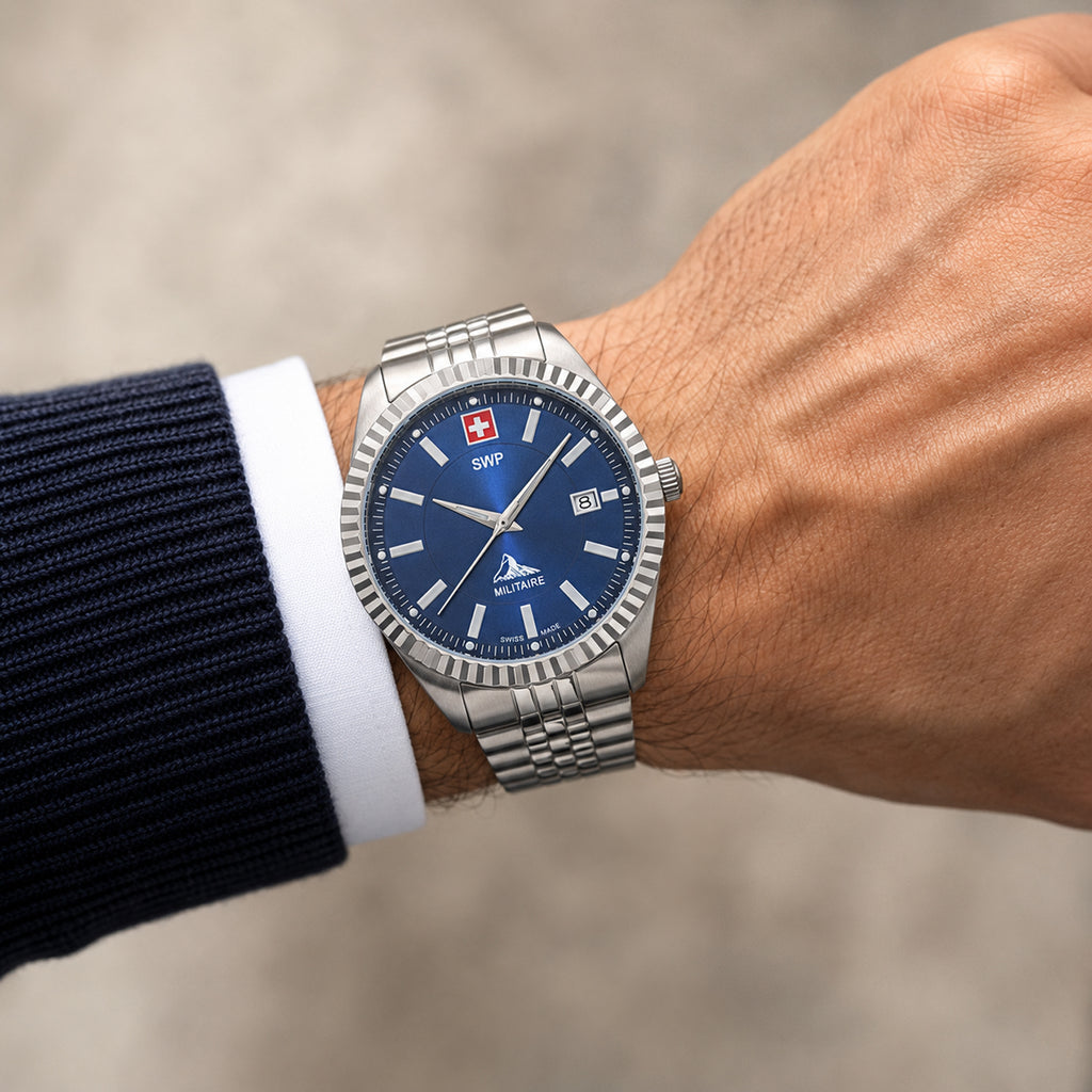 SWP Swiss Militaire Jungfrau Swiss Ronda 515 Watch with a Blue Dial and a Silver Stainless Steel Strap in a 42mm Silver Stainless Steel Case with 5 ATM H982ABU_8741654_1