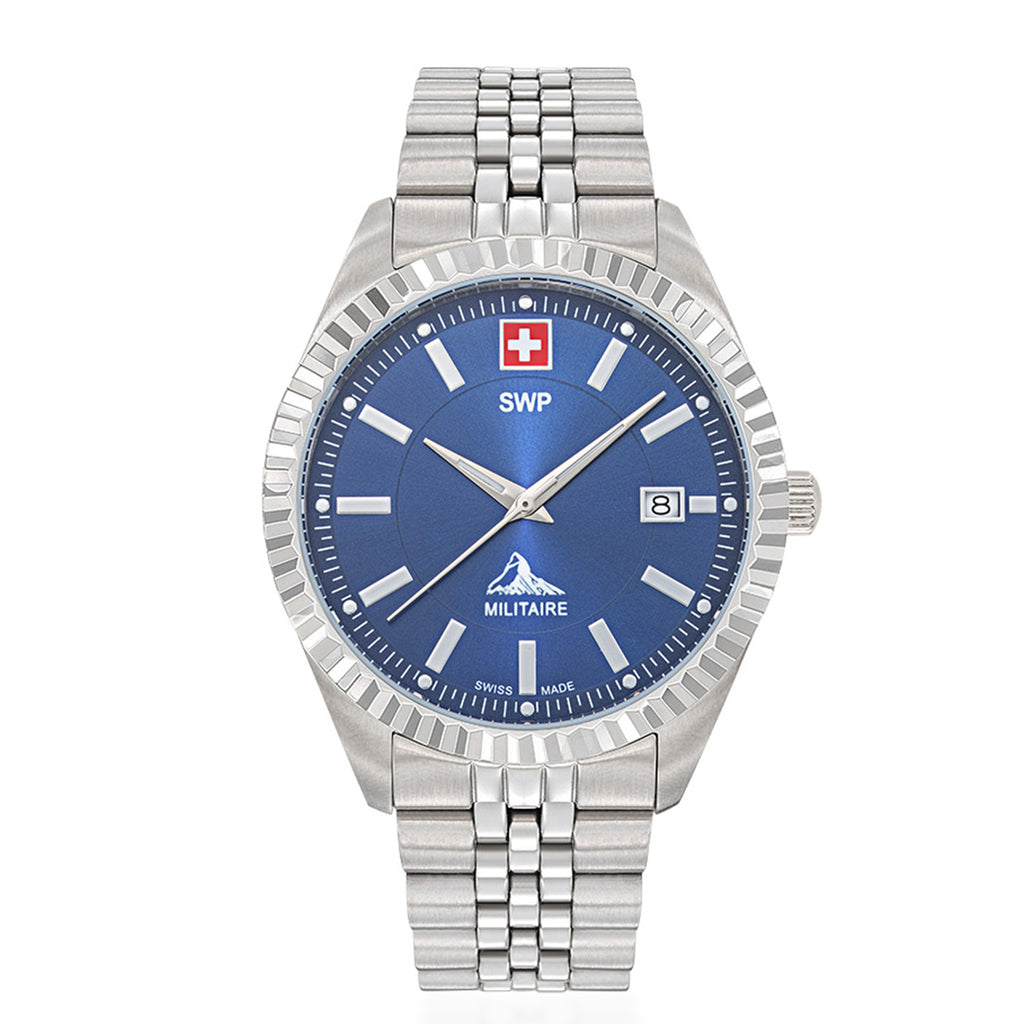 SWP Swiss Militaire Jungfrau Swiss Ronda 515 Watch with a Blue Dial and a Silver Stainless Steel Strap in a 42mm Silver Stainless Steel Case with 5 ATM H982ABU_8741654_2