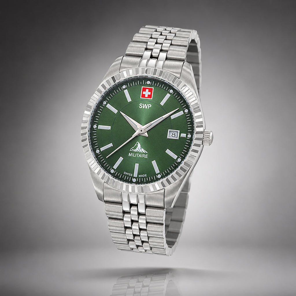 SWP Swiss Militaire Jungfrau Swiss Ronda 515 Watch with a Green Dial and a Silver Stainless Steel Strap in a 42mm Silver Stainless Steel Case with 5 ATM H982AV_8741655