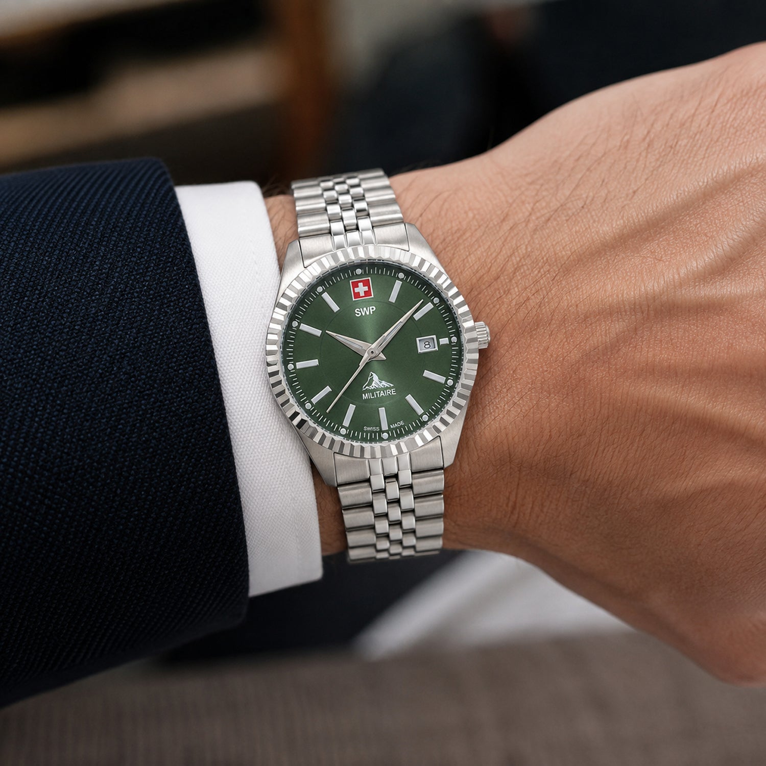 SWP Swiss Militaire Jungfrau Swiss Ronda 515 Watch with a Green Dial and a Silver Stainless Steel Strap in a 42mm Silver Stainless Steel Case with 5 ATM H982AV_8741655_1