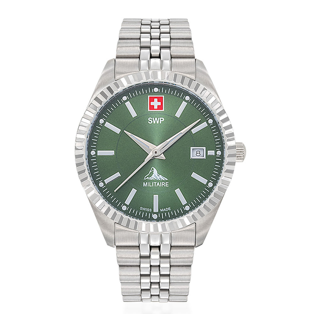 SWP Swiss Militaire Jungfrau Swiss Ronda 515 Watch with a Green Dial and a Silver Stainless Steel Strap in a 42mm Silver Stainless Steel Case with 5 ATM H982AV_8741655_2