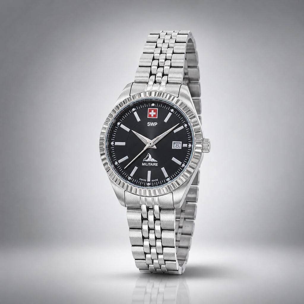 SWP Swiss Militaire Jungfrau Swiss Ronda 585 Watch with a Black Dial and a Silver Stainless Steel Strap in a 31mm Silver Stainless Steel Case with 5 ATM D982AN_8741666