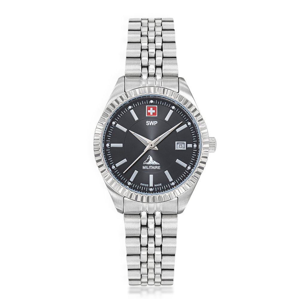 SWP Swiss Militaire Jungfrau Swiss Ronda 585 Watch with a Black Dial and a Silver Stainless Steel Strap in a 31mm Silver Stainless Steel Case with 5 ATM D982AN_8741666_2