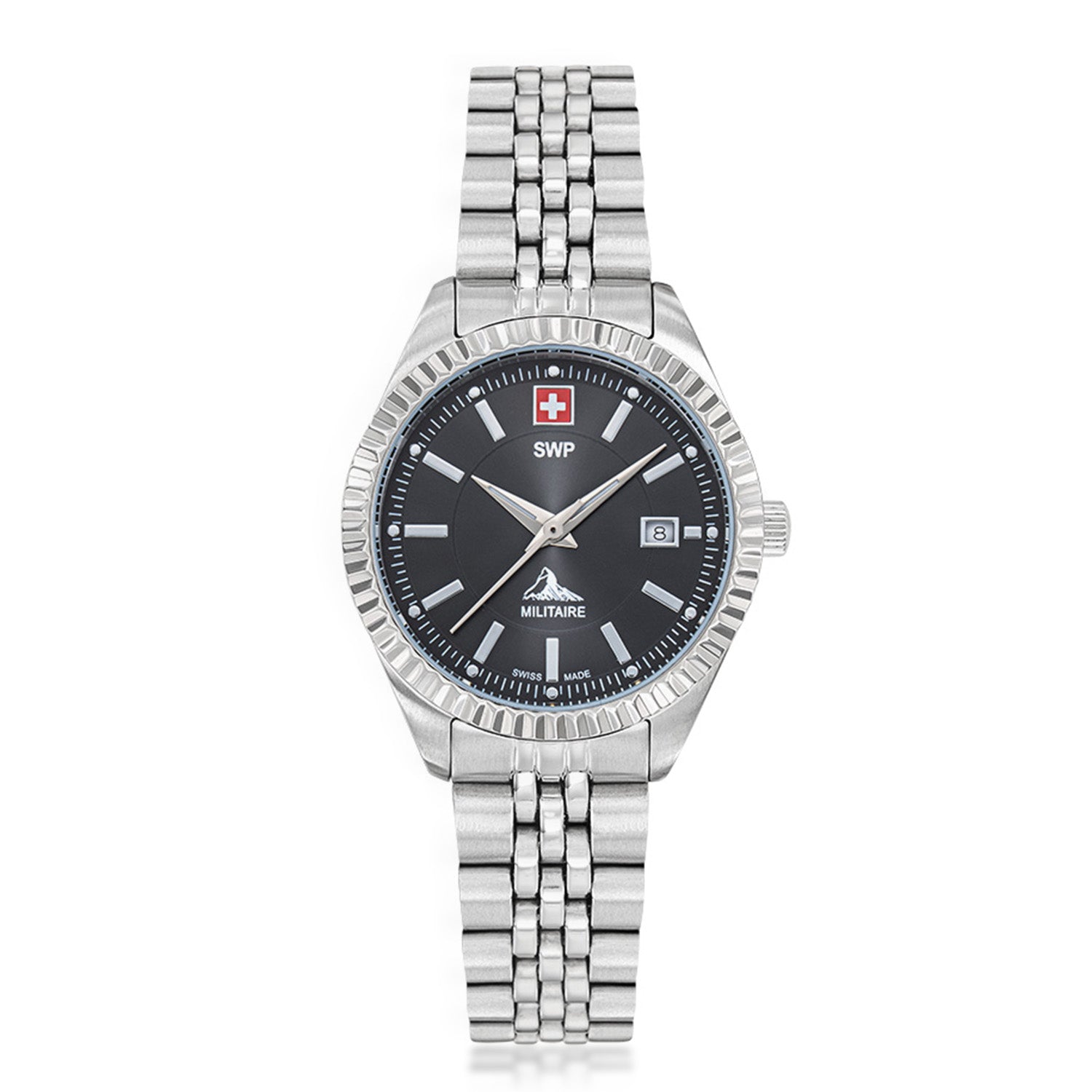 SWP Swiss Militaire Jungfrau Swiss Ronda 585 Watch with a Black Dial and a Silver Stainless Steel Strap in a 31mm Silver Stainless Steel Case with 5 ATM D982AN_8741666_2