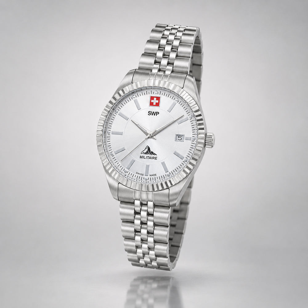 SWP Swiss Militaire Jungfrau Swiss Ronda 585 Watch with a White Dial and a Silver Stainless Steel Strap in a 31mm Silver Stainless Steel Case with 5 ATM D982AI_8741667