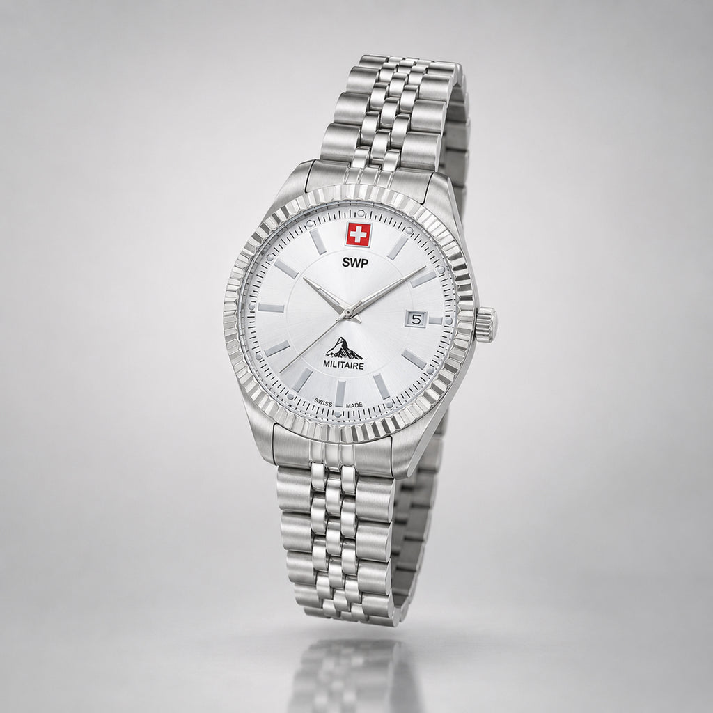 SWP Swiss Militaire Jungfrau Swiss Ronda 585 Watch with a White Dial and a Silver Stainless Steel Strap in a 31mm Silver Stainless Steel Case with 5 ATM D982AI_8741667