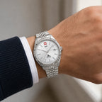 SWP Swiss Militaire Jungfrau Swiss Ronda 585 Watch with a White Dial and a Silver Stainless Steel Strap in a 31mm Silver Stainless Steel Case with 5 ATM D982AI_8741667_1