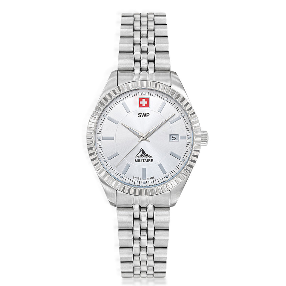 SWP Swiss Militaire Jungfrau Swiss Ronda 585 Watch with a White Dial and a Silver Stainless Steel Strap in a 31mm Silver Stainless Steel Case with 5 ATM D982AI_8741667_2