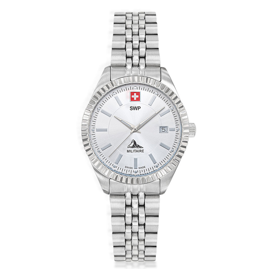 SWP Swiss Militaire Jungfrau Swiss Ronda 585 Watch with a White Dial and a Silver Stainless Steel Strap in a 31mm Silver Stainless Steel Case with 5 ATM D982AI_8741667_2
