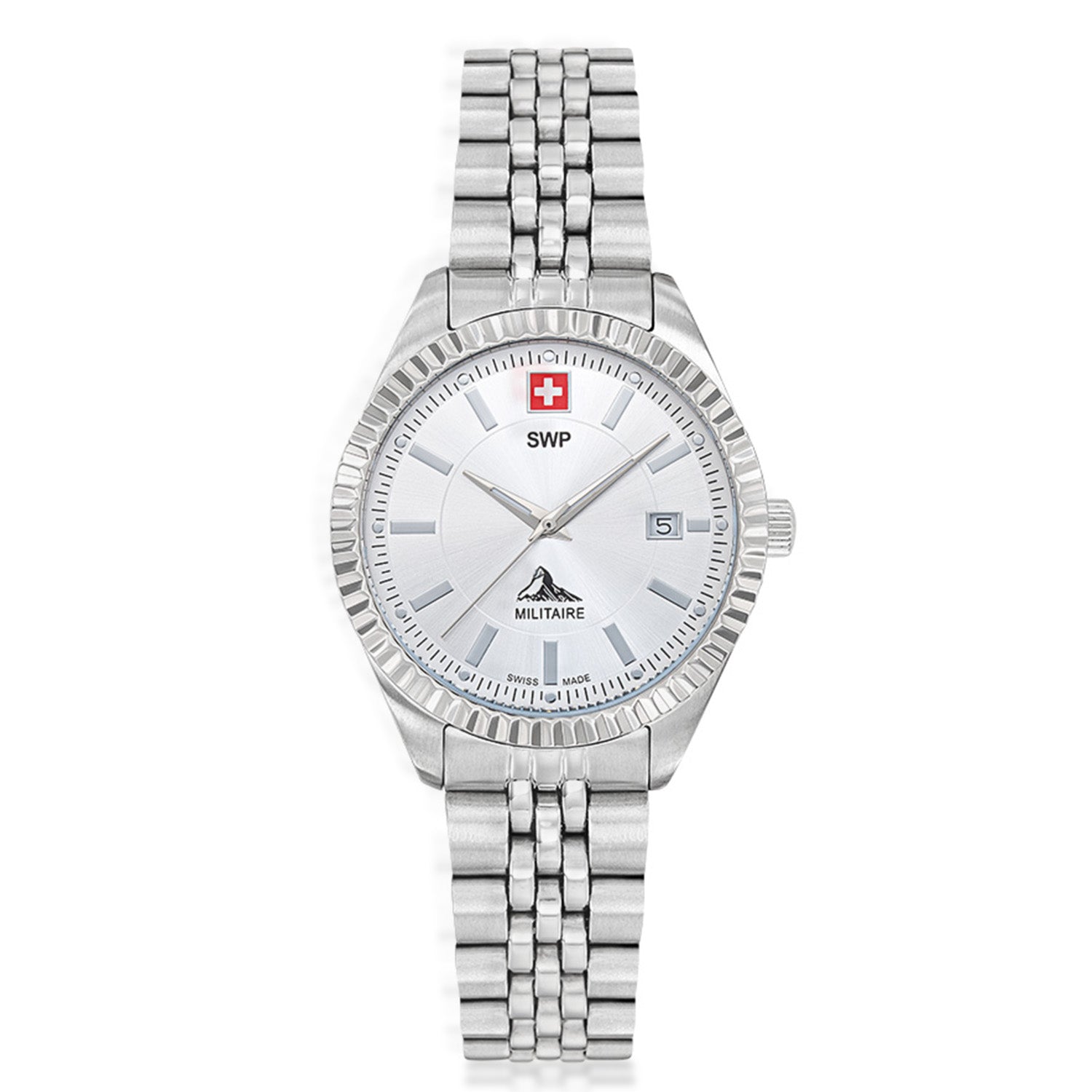 SWP Swiss Militaire Jungfrau Swiss Ronda 585 Watch with a White Dial and a Silver Stainless Steel Strap in a 31mm Silver Stainless Steel Case with 5 ATM D982AI_8741667_2
