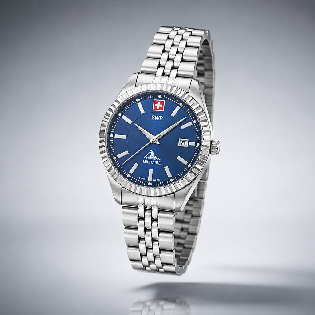 SWP Swiss Militaire Jungfrau Swiss Ronda 585 Watch with a Blue Dial and a Silver Stainless Steel Strap in a 31mm Silver Stainless Steel Case with 5 ATM D982ABU_8741668