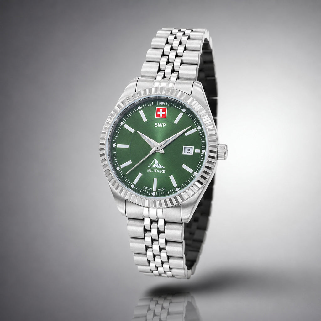 SWP Swiss Militaire Jungfrau Swiss Ronda 585 Watch with a Green Dial and a Silver Stainless Steel Strap in a 31mm Silver Stainless Steel Case with 5 ATM D982AV_8741669