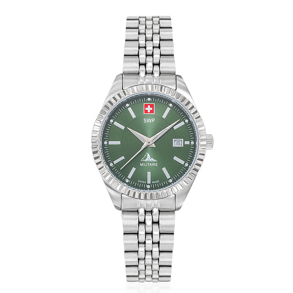 SWP Swiss Militaire Jungfrau Swiss Ronda 585 Watch with a Green Dial and a Silver Stainless Steel Strap in a 31mm Silver Stainless Steel Case with 5 ATM D982AV_8741669_2