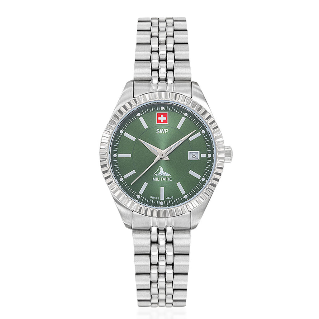 SWP Swiss Militaire Jungfrau Swiss Ronda 585 Watch with a Green Dial and a Silver Stainless Steel Strap in a 31mm Silver Stainless Steel Case with 5 ATM D982AV_8741669_2