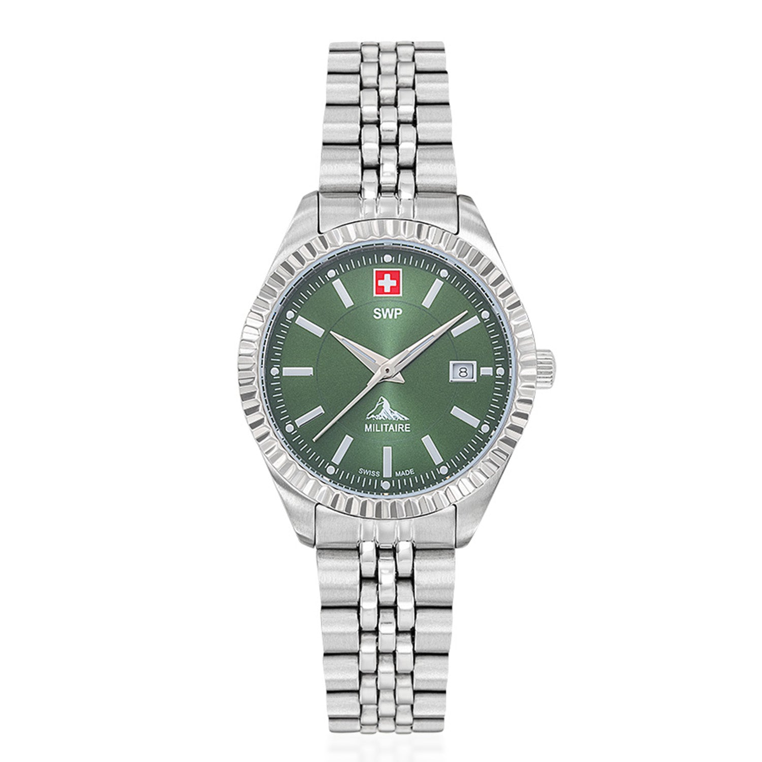 SWP Swiss Militaire Jungfrau Swiss Ronda 585 Watch with a Green Dial and a Silver Stainless Steel Strap in a 31mm Silver Stainless Steel Case with 5 ATM D982AV_8741669_2