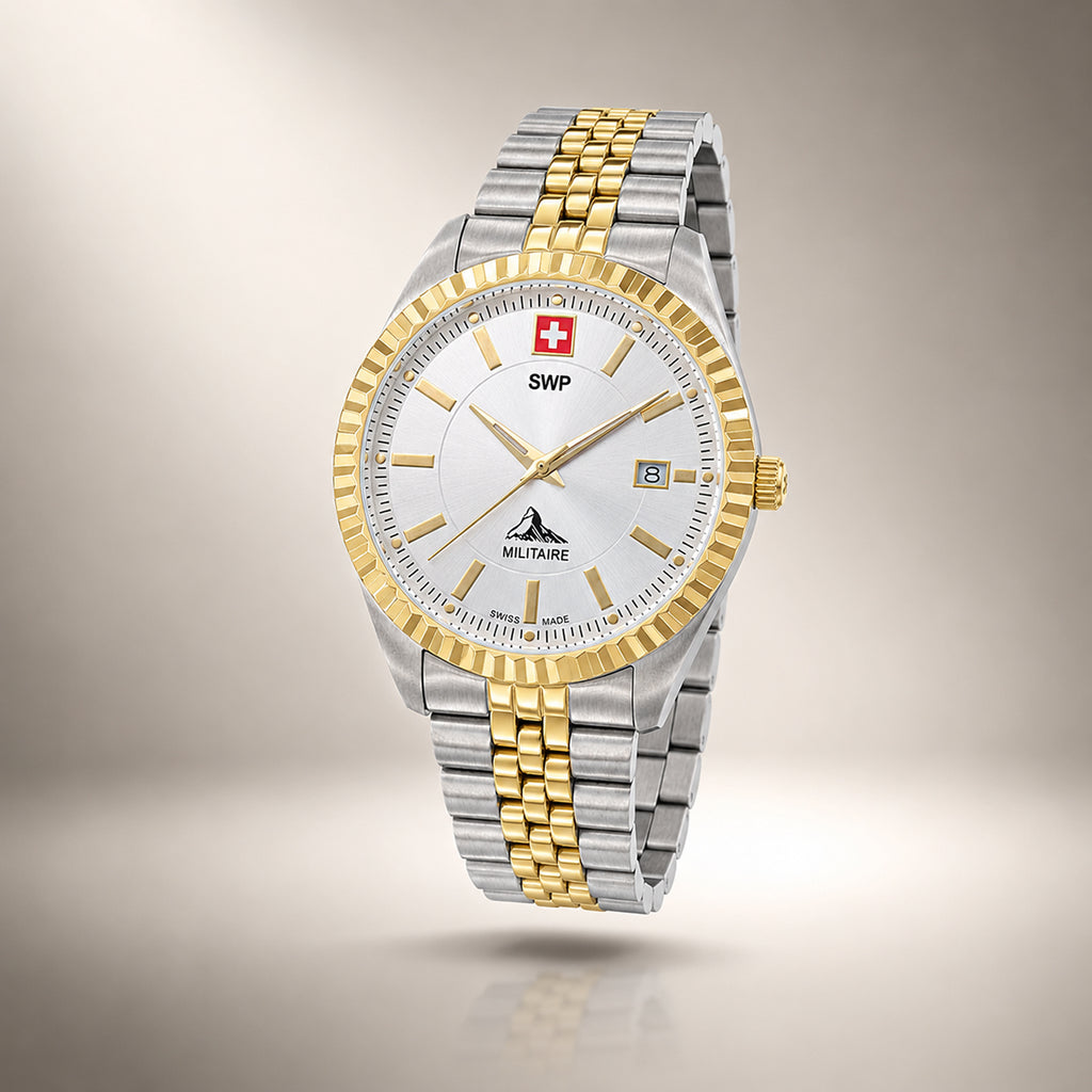 SWP Swiss Militaire Jungfrau Swiss Ronda 515 Watch with a White Dial and a Silver and Gold Stainless Steel Strap in a 42mm Silver and Gold Stainless Steel Case with 5 ATM H982BI_8741670