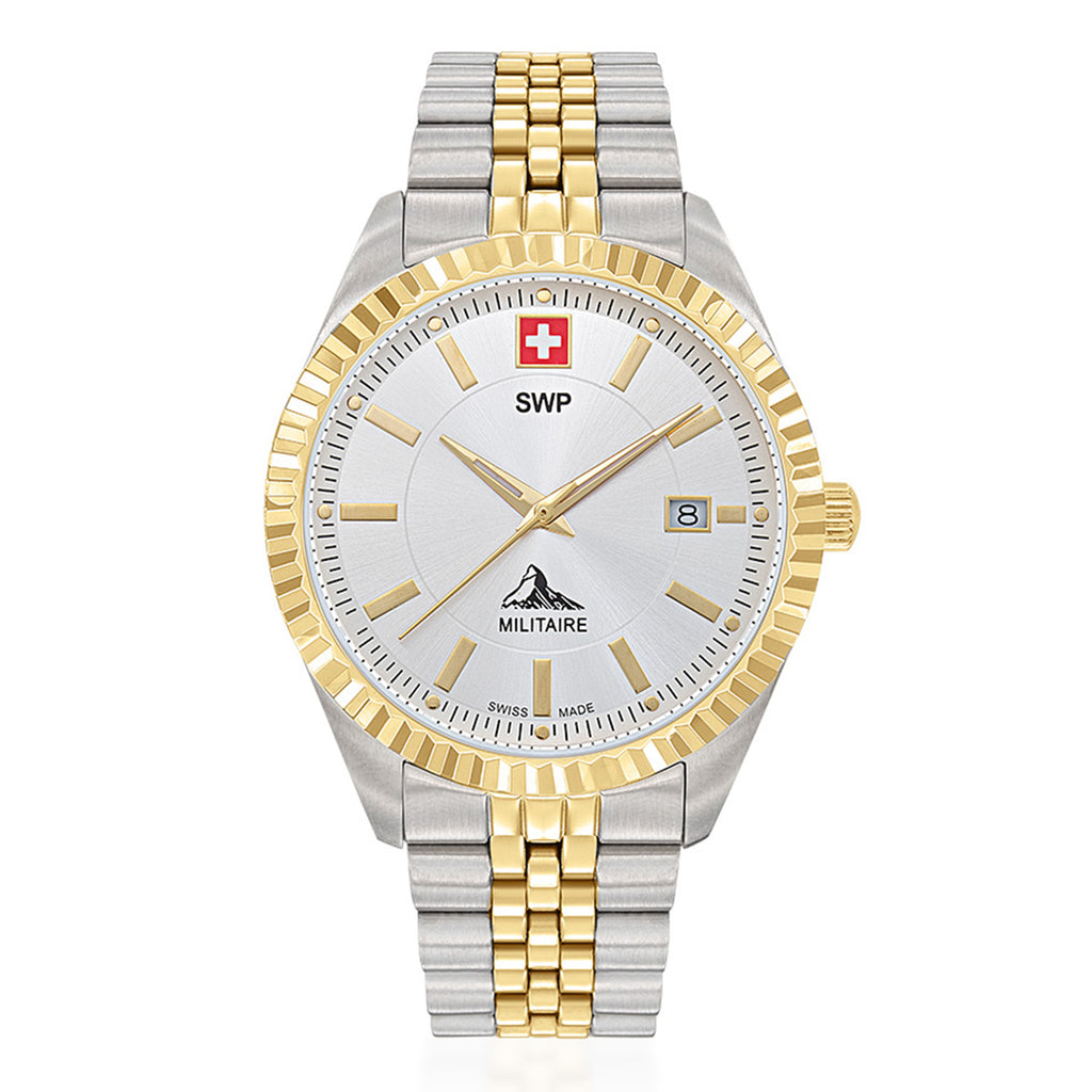 SWP Swiss Militaire Jungfrau Swiss Ronda 515 Watch with a White Dial and a Silver and Gold Stainless Steel Strap in a 42mm Silver and Gold Stainless Steel Case with 5 ATM H982BI_8741670_2