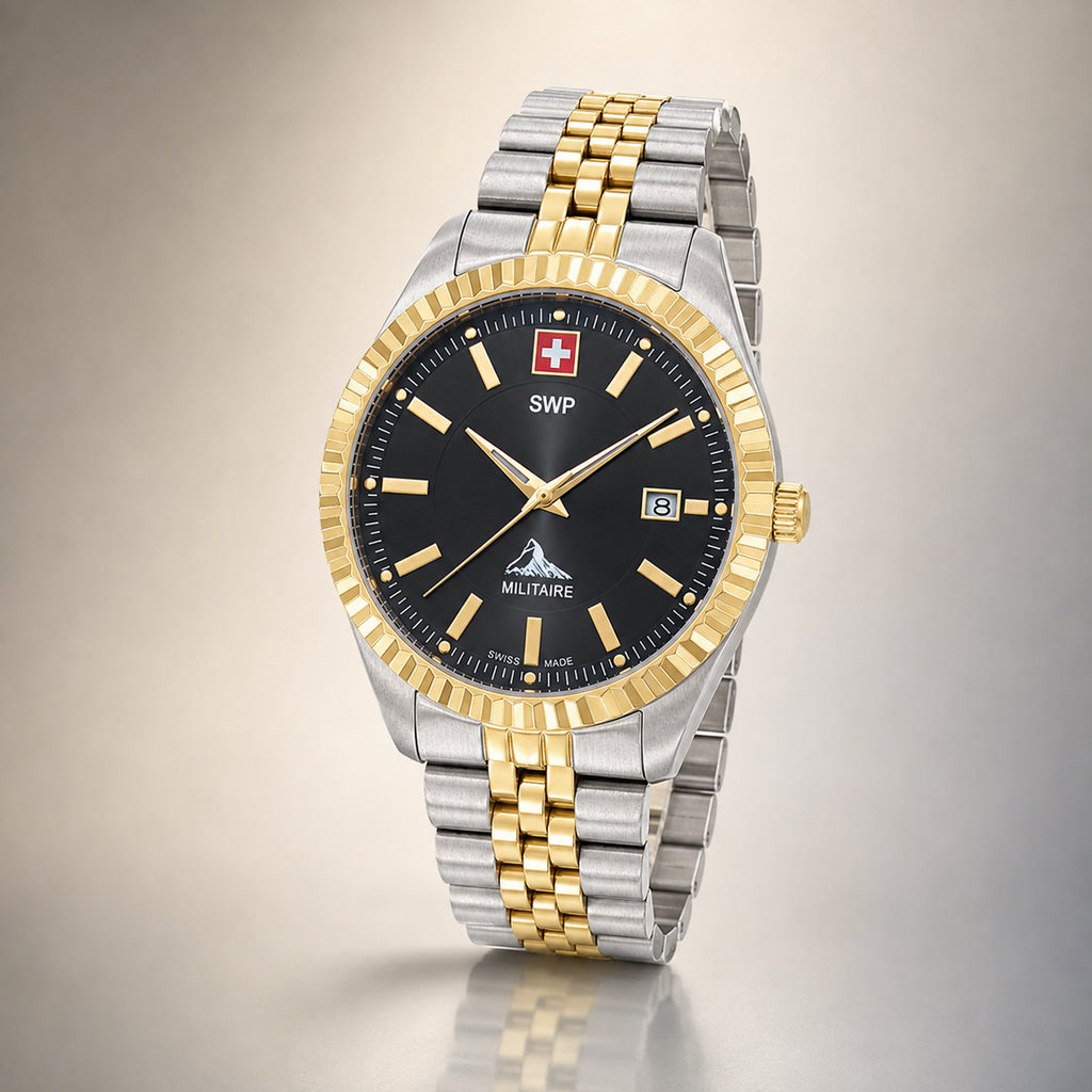 SWP Swiss Militaire Jungfrau Swiss Ronda 515 Watch with a Black Dial and a Silver and Gold Stainless Steel Strap in a 42mm Silver and Gold Stainless Steel Case with 5 ATM H982BN_8741671