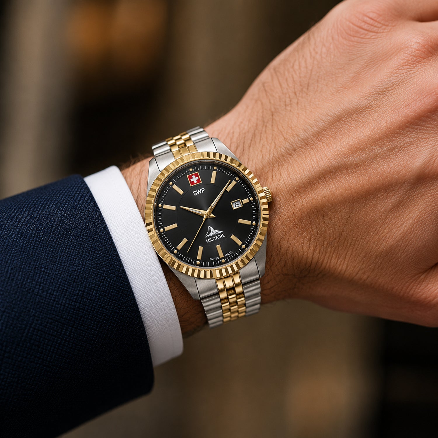 SWP Swiss Militaire Jungfrau Swiss Ronda 515 Watch with a Black Dial and a Silver and Gold Stainless Steel Strap in a 42mm Silver and Gold Stainless Steel Case with 5 ATM H982BN_8741671_1