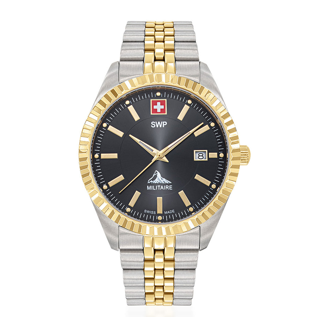 SWP Swiss Militaire Jungfrau Swiss Ronda 515 Watch with a Black Dial and a Silver and Gold Stainless Steel Strap in a 42mm Silver and Gold Stainless Steel Case with 5 ATM H982BN_8741671_2
