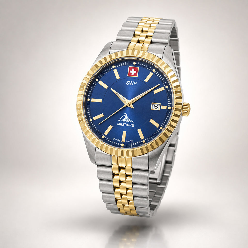 SWP Swiss Militaire Jungfrau Swiss Ronda 515 Watch with a Blue Dial and a Silver and Gold Stainless Steel Strap in a 42mm Silver and Gold Stainless Steel Case with 5 ATM H982BBU_8741672