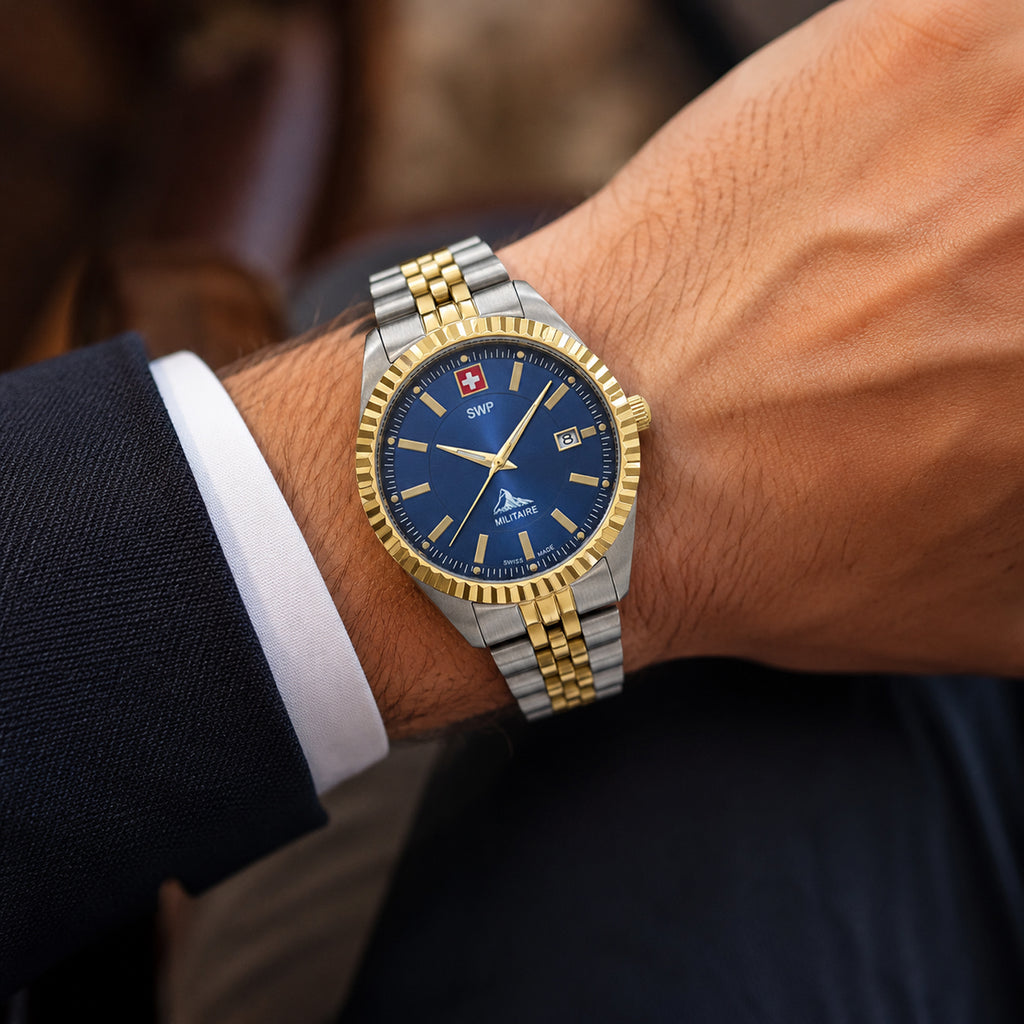 SWP Swiss Militaire Jungfrau Swiss Ronda 515 Watch with a Blue Dial and a Silver and Gold Stainless Steel Strap in a 42mm Silver and Gold Stainless Steel Case with 5 ATM H982BBU_8741672_1