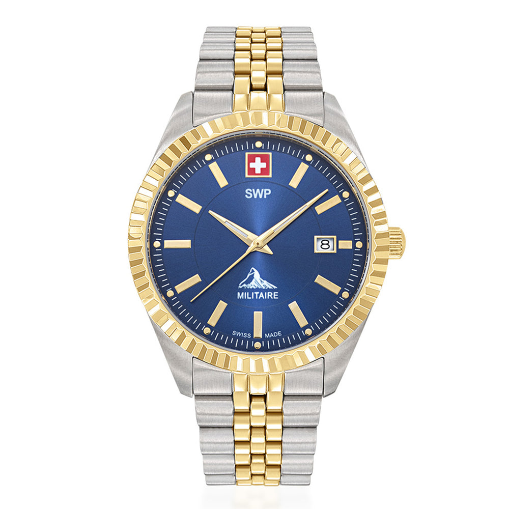 SWP Swiss Militaire Jungfrau Swiss Ronda 515 Watch with a Blue Dial and a Silver and Gold Stainless Steel Strap in a 42mm Silver and Gold Stainless Steel Case with 5 ATM H982BBU_8741672_2