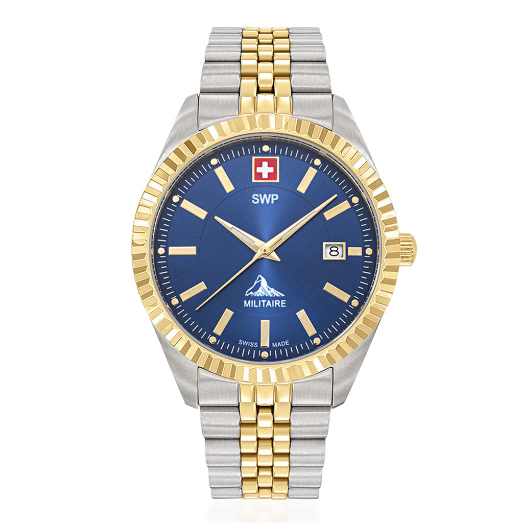 SWP Swiss Militaire Jungfrau Swiss Ronda 515 Watch with a Blue Dial and a Silver and Gold Stainless Steel Strap in a 42mm Silver and Gold Stainless Steel Case with 5 ATM H982BBU_8741672_2